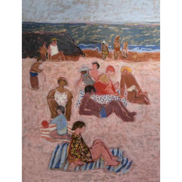 Yves Wacheux, Het Roze Strand, gemengde technieken op papier, gesigneerd, 20e eeuw