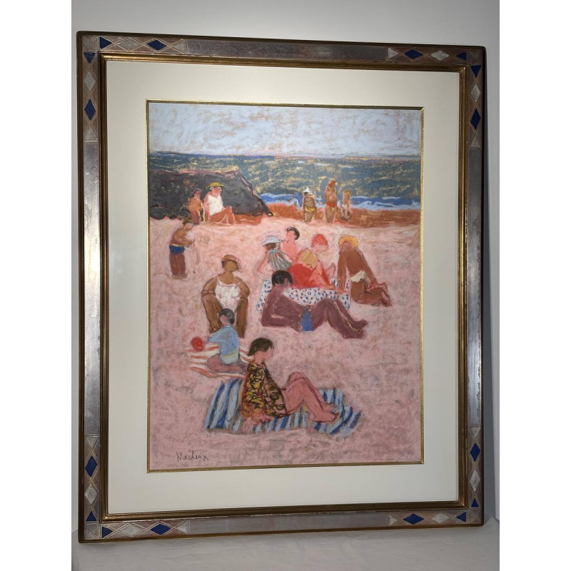 Yves Wacheux, The Pink Beach, mixed media on paper, signed, 20th century