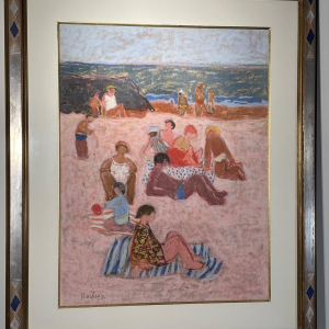 Yves Wacheux, Het Roze Strand, gemengde technieken op papier, gesigneerd, 20e eeuw