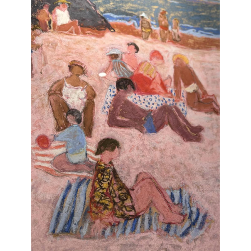 Yves Wacheux, Het Roze Strand, gemengde technieken op papier, gesigneerd, 20e eeuw