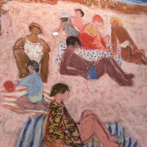 Yves Wacheux, Het Roze Strand, gemengde technieken op papier, gesigneerd, 20e eeuw