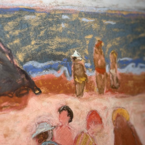 Yves Wacheux, Het Roze Strand, gemengde technieken op papier, gesigneerd, 20e eeuw