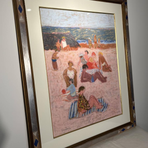 Yves Wacheux, Het Roze Strand, gemengde technieken op papier, gesigneerd, 20e eeuw