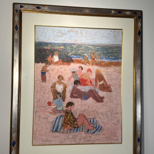 Yves Wacheux, Het Roze Strand, gemengde technieken op papier, gesigneerd, 20e eeuw