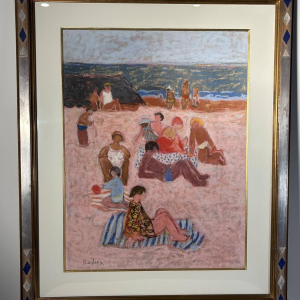 Yves Wacheux, La plage rose, technique mixte sur papier, signée, XXe siècle