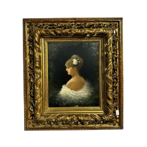 Georges Croegaert 'Elegant woman with a rose' painting oil on panel, 19th century