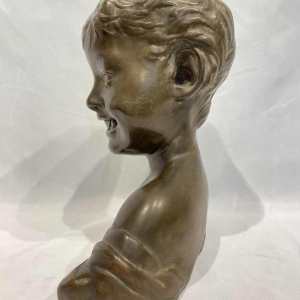 Laughing boy sculpture, bronze-look terracotta, after Desiderio Da Settignano