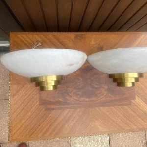 Lucien Gau, pair of sconces, alabaster half-moon shade, ca 1960