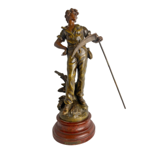 Auguste Moreau Farmer with a scythe sculpture in regula with green patina, ca 1900