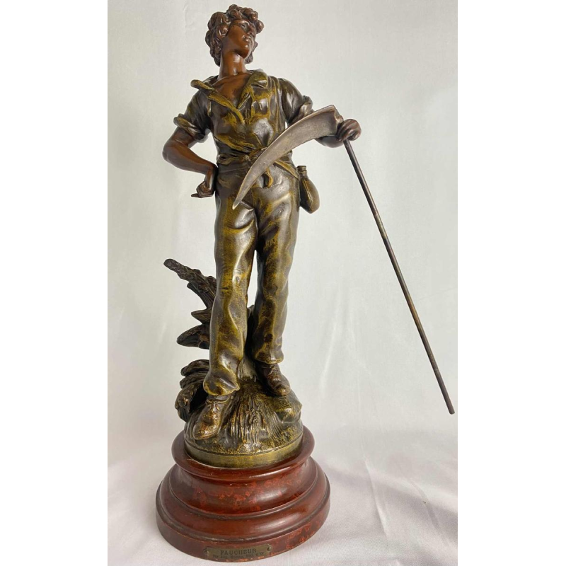 Auguste Moreau Farmer with a scythe sculpture in regula with green patina, ca 1900