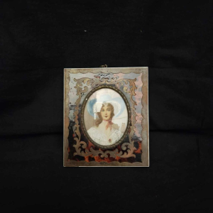 Miniature painting Portrait of a lady with a hat Boulle style frame, 19th century