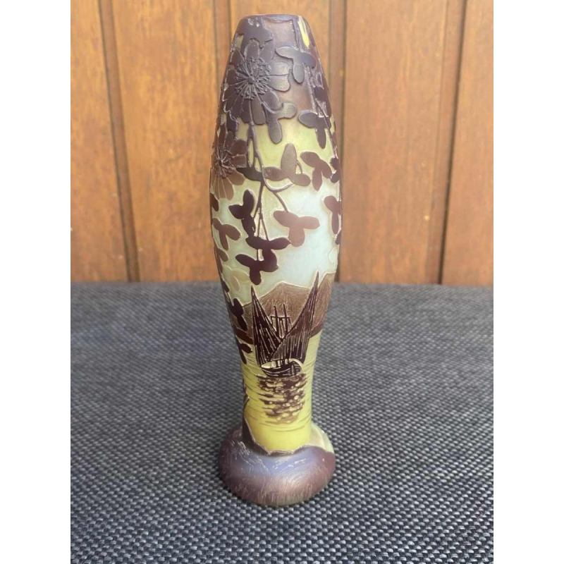 DE VEZ "Lake Annecy landscape" Art Nouveau cameo glass vase, ca 1900