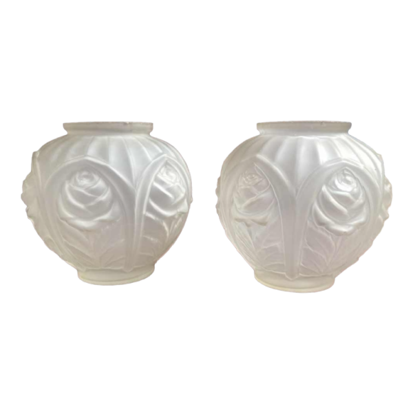 Pair of 1930 Art Deco molded glass ball vases with pink motif