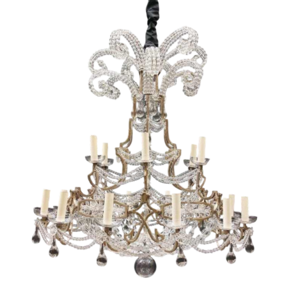 Elegant chandelier with beaded crystal garlands, tin-plated brass structure, ca 1900-1920