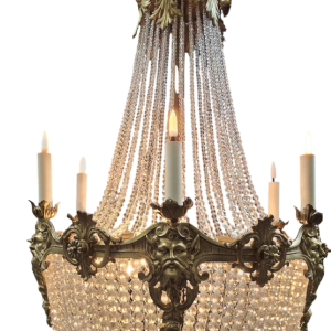 Lustre " Sac à Perles " bronze & cristal, France vers 1900