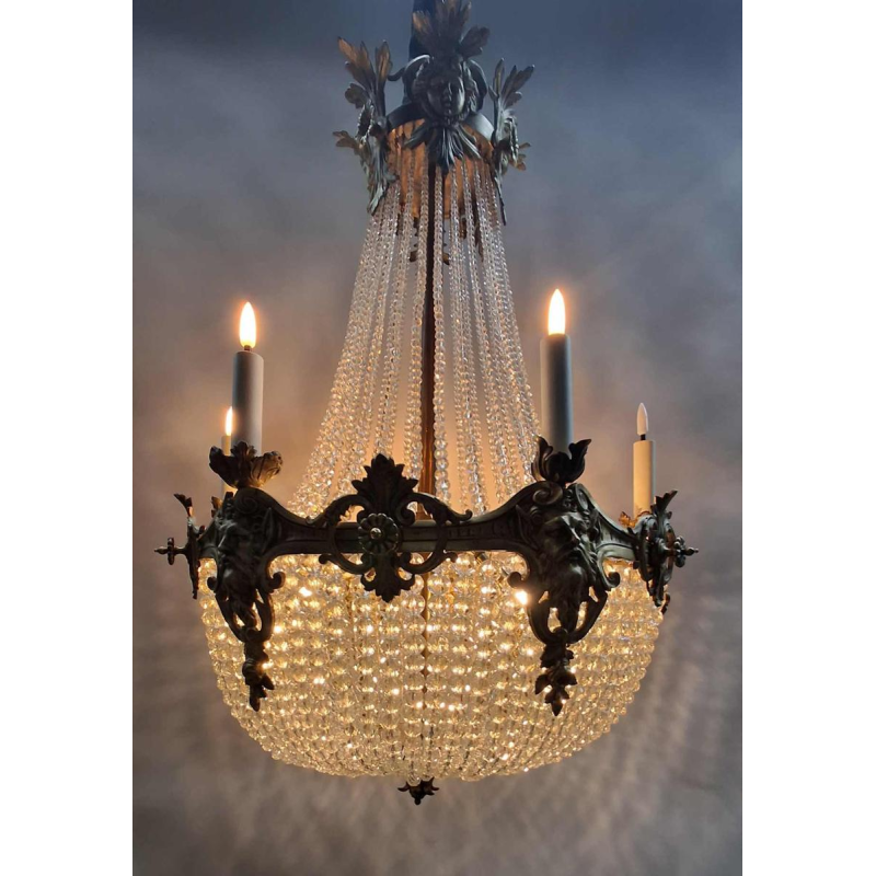 Lustre " Sac à Perles " bronze & cristal, France vers 1900