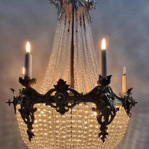 Chandelier " Pearl Bag " bronze & crystal, France circa 1900