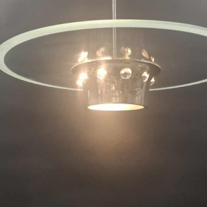 Art Deco kroonluchter, Bauhaus stijl, verchroomd staal en glas, ca 1930