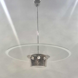 modernist Art Deco chandelier, Bauhaus style, chromed steel and glass, ca 1930