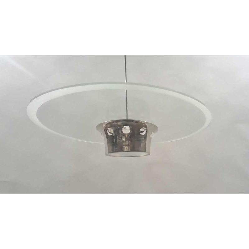 lustre Art Déco moderniste, style Bauhaus, acier chromé et verre, ca 1930