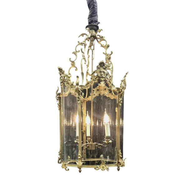 Grote zweedse lantaarn, rocaille stijl, brons en gebogen glas, 19e eeuw