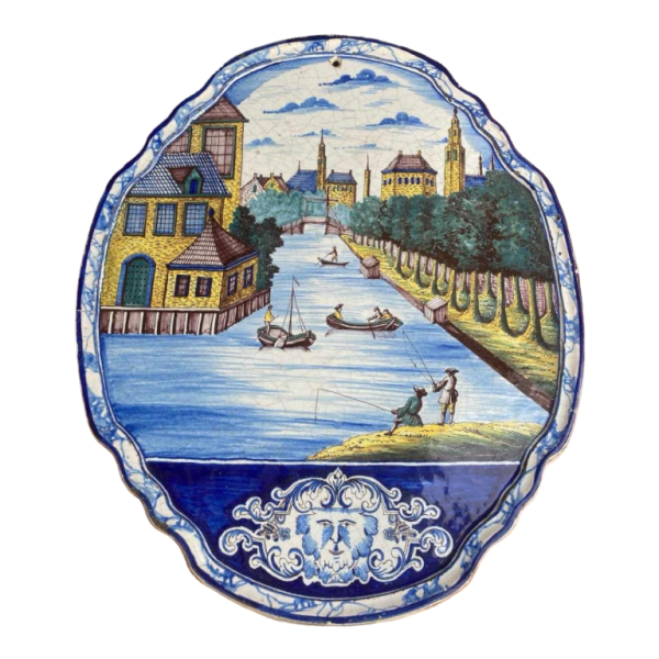 Makkum Delft Harligen, plaque murale ovale en céramique (57cm), Hollande 19ème siècle