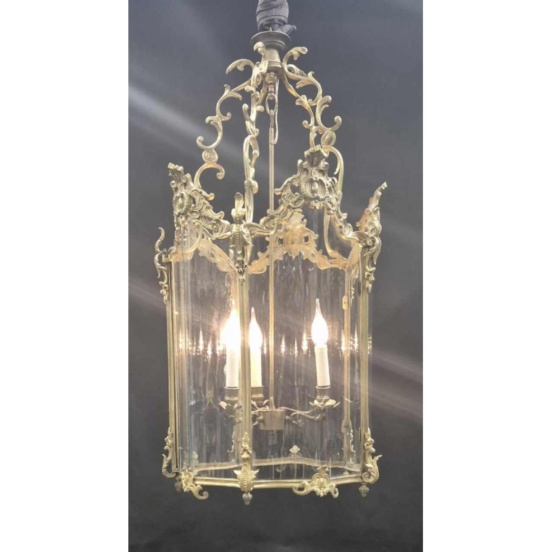 Grote zweedse lantaarn, rocaille stijl, brons en gebogen glas, 19e eeuw