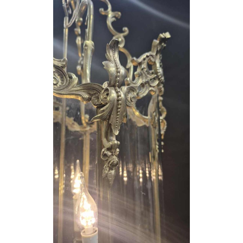 Grote zweedse lantaarn, rocaille stijl, brons en gebogen glas, 19e eeuw