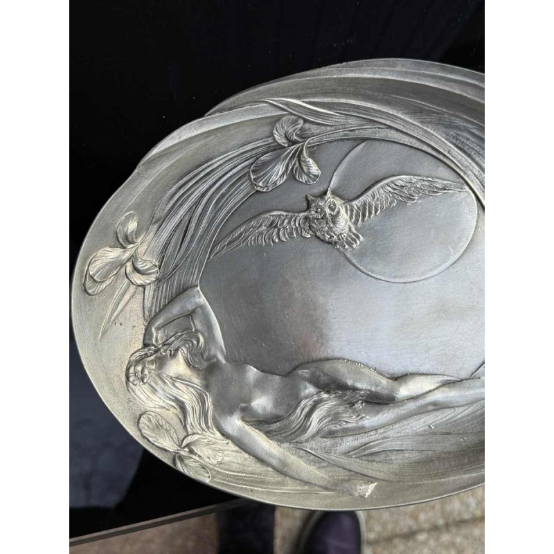 Achille Gamba Femme nue et chouette Art Nouveau pewter plate, ca 1900