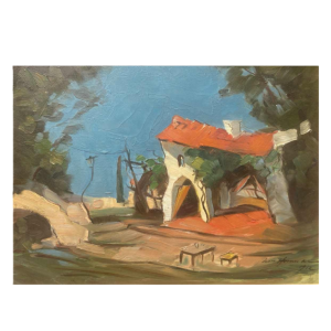 House landscape painting signed and dated, oil on panel