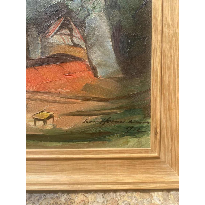 Tableau paysage maison signé et daté, peinture huile sur panneau