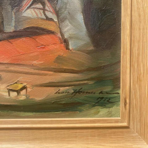 Tableau paysage maison signé et daté, peinture huile sur panneau