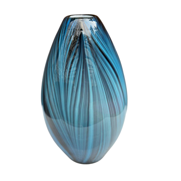 Glazen vaas, blauw pauwenveer ontwerp, ca 1980