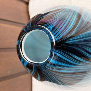 Glass vase, blue peacock feather design, ca 1980