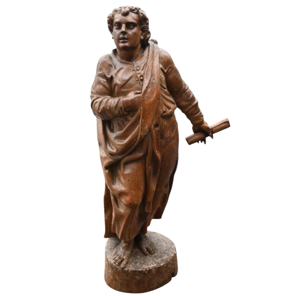 Sculpture d'un juge ou magistrat en bois fruitier, statue du XVIIe siècle