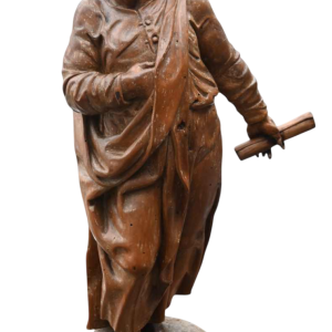 Sculpture d'un juge ou magistrat en bois fruitier, statue du XVIIe siècle