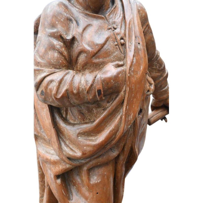 Sculpture d'un juge ou magistrat en bois fruitier, statue du XVIIe siècle