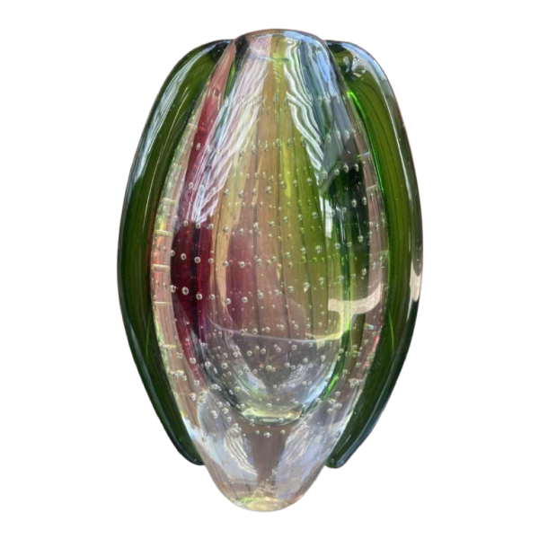 Rosenthal 1970 glazen vaas getiteld Dew Drop groen, rood en transparant