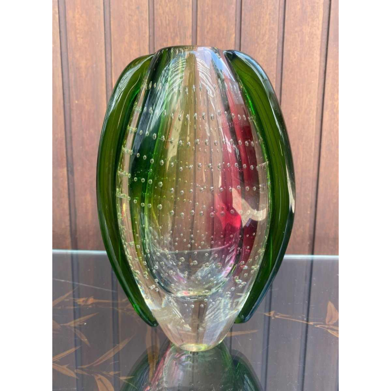 Rosenthal 1970 glazen vaas getiteld Dew Drop groen, rood en transparant