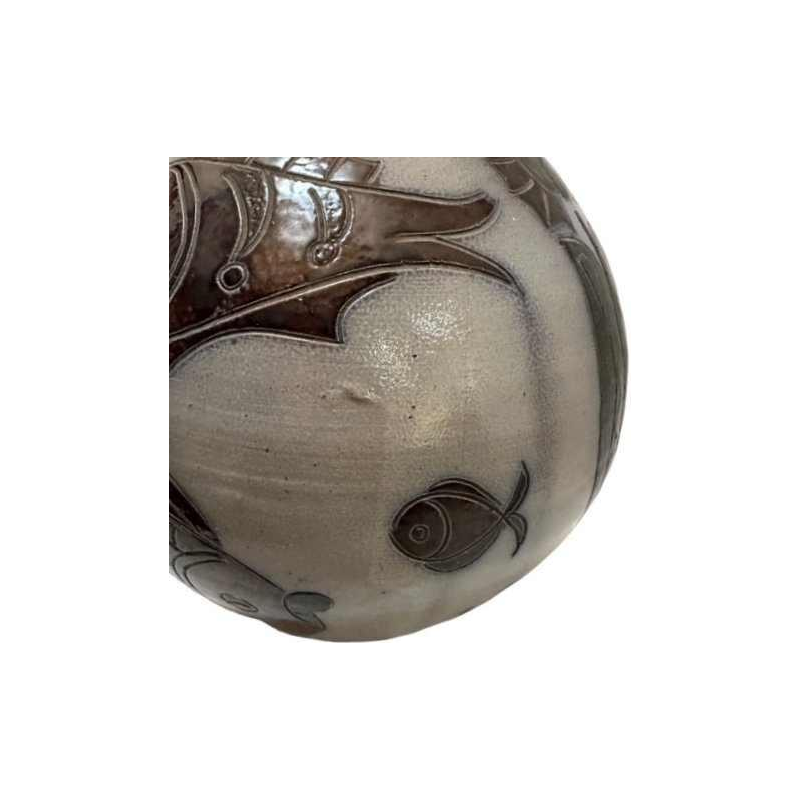 Rare vase en grès de La Roche, période 1950, motifs poissons et hippocampe