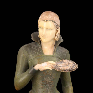 MENEVILLE (attributed to) "The deer lady" Art Deco sculpture, green patina metal, early 20th c