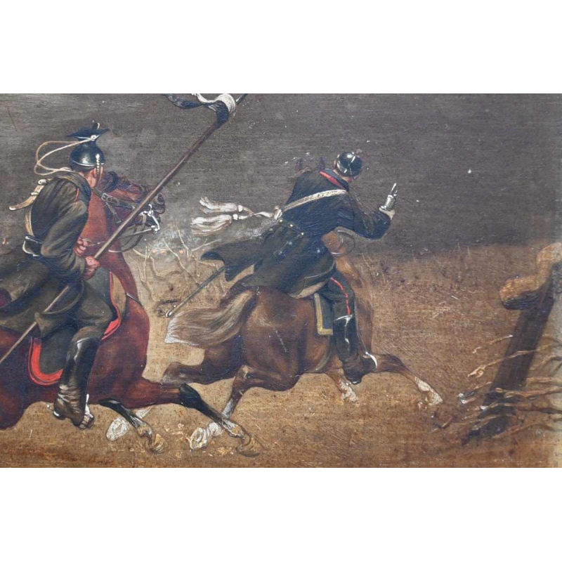 Christian Sell 'Duitse militaire ruiterscene' schilderij olieverf op paneel, 19e eeuw