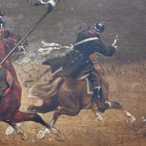 Christian Sell 'Duitse militaire ruiterscene' schilderij olieverf op paneel, 19e eeuw