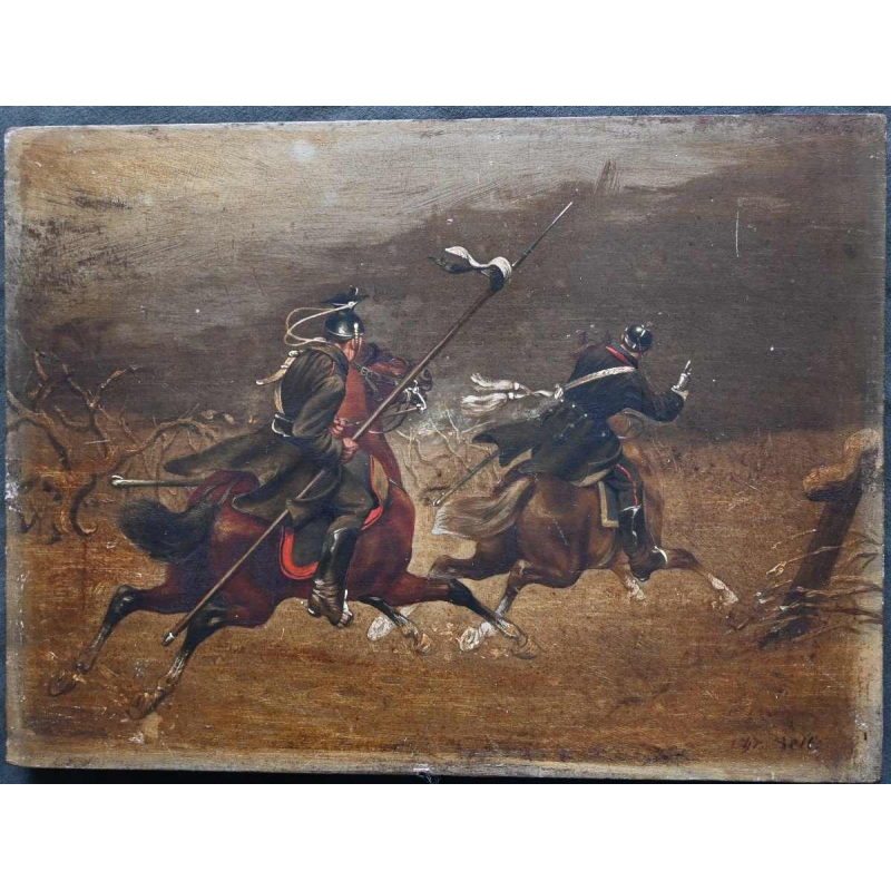 Christian Sell German equestrian military scene painting oil on panel, 19th century