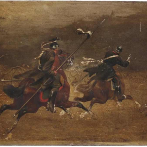 Christian Sell 'Duitse militaire ruiterscene' schilderij olieverf op paneel, 19e eeuw