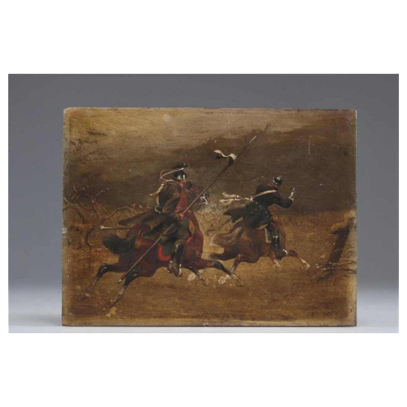 Christian Sell German equestrian military scene painting oil on panel, 19th century
