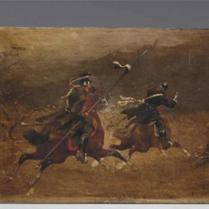 Christian Sell German equestrian military scene painting oil on panel, 19th century