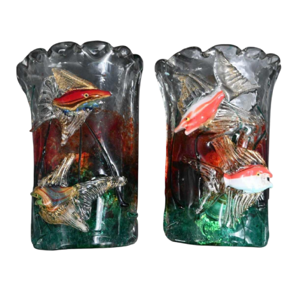 Alfredo Barbini pour Cenedese, paire d'appliques poissons d'aquarium, verre Murano, ca 1950