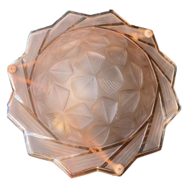 Art Deco ceiling light, pink pressed glass with stylised geometric floral motif, ca 1930