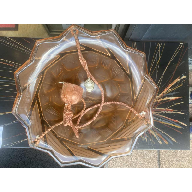Art Deco ceiling light, pink pressed glass with stylised geometric floral motif, ca 1930